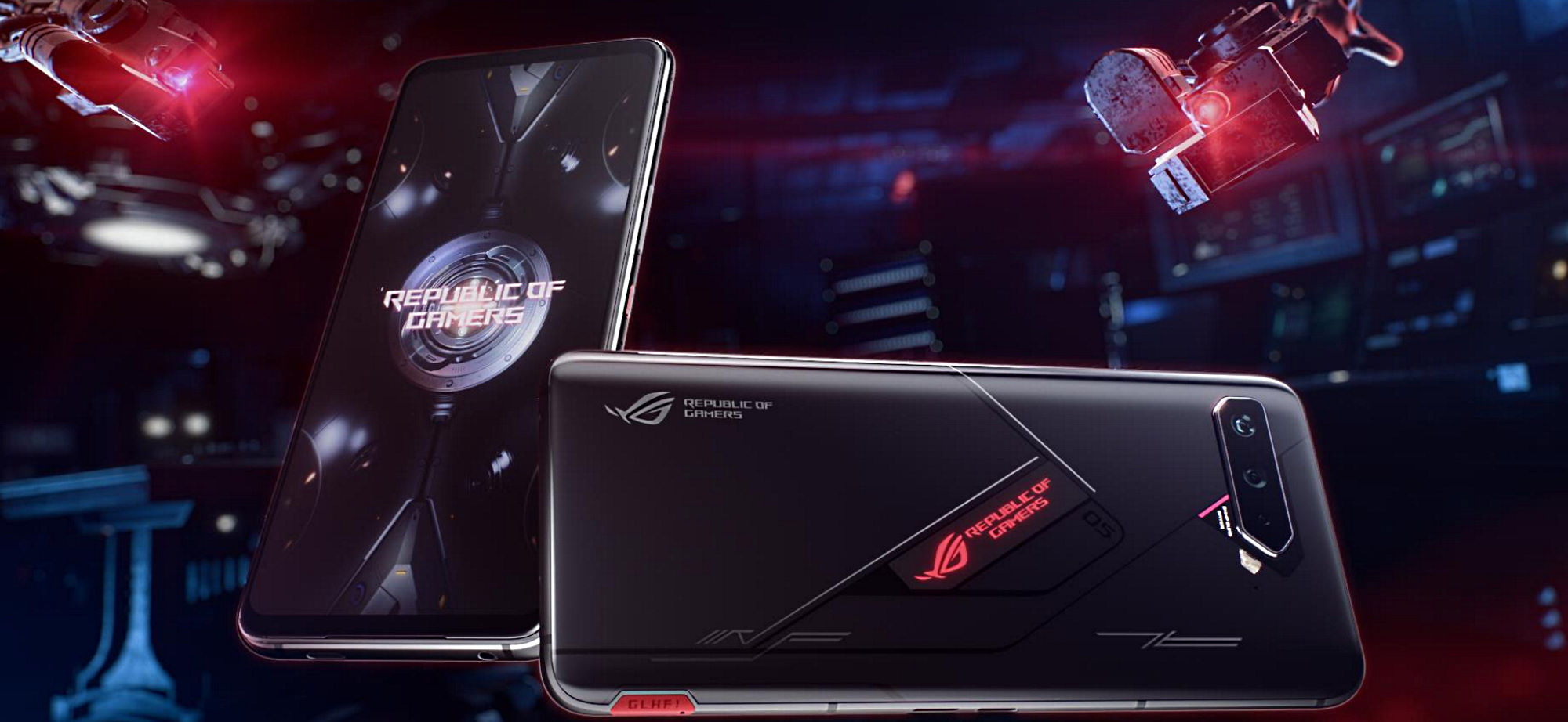 Rendering of the front and back of the ROG Phone 5, in a sci-fi themed room with red lighting.