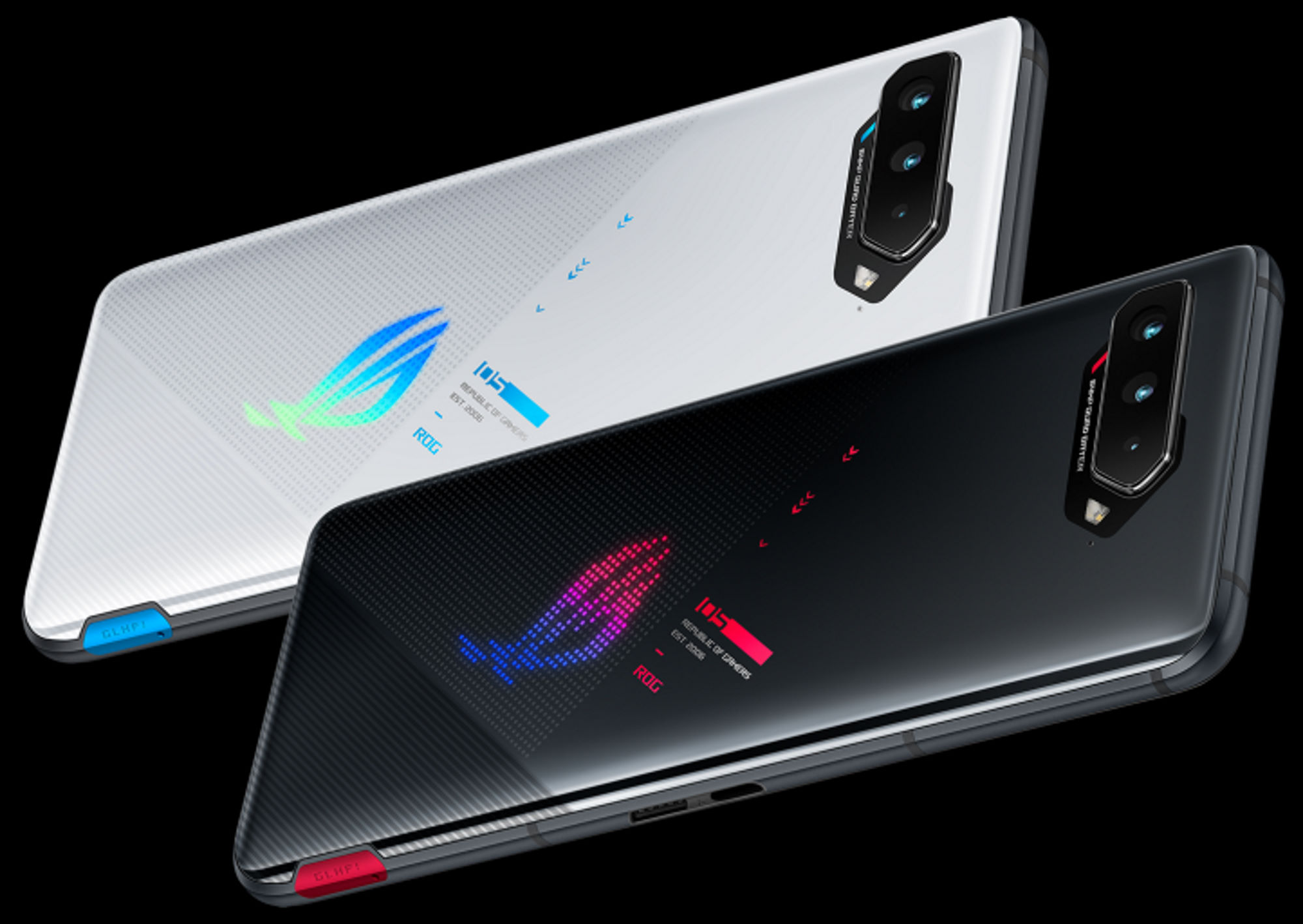 White and black versions of the ROG Phone 5, with emphasis on the rear.