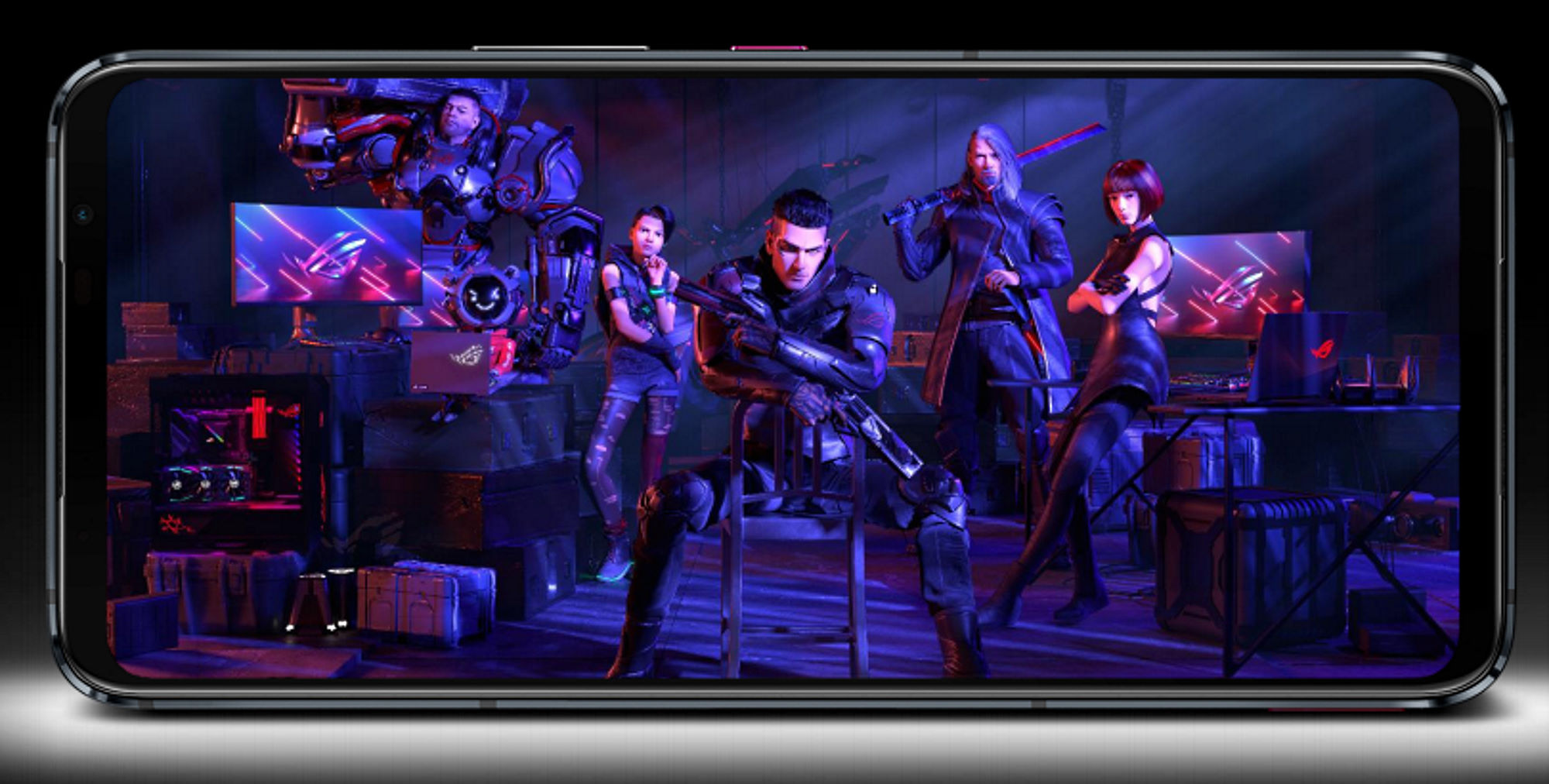 Screen of the ROG Phone 5, with the ROG SAGA characters featured.