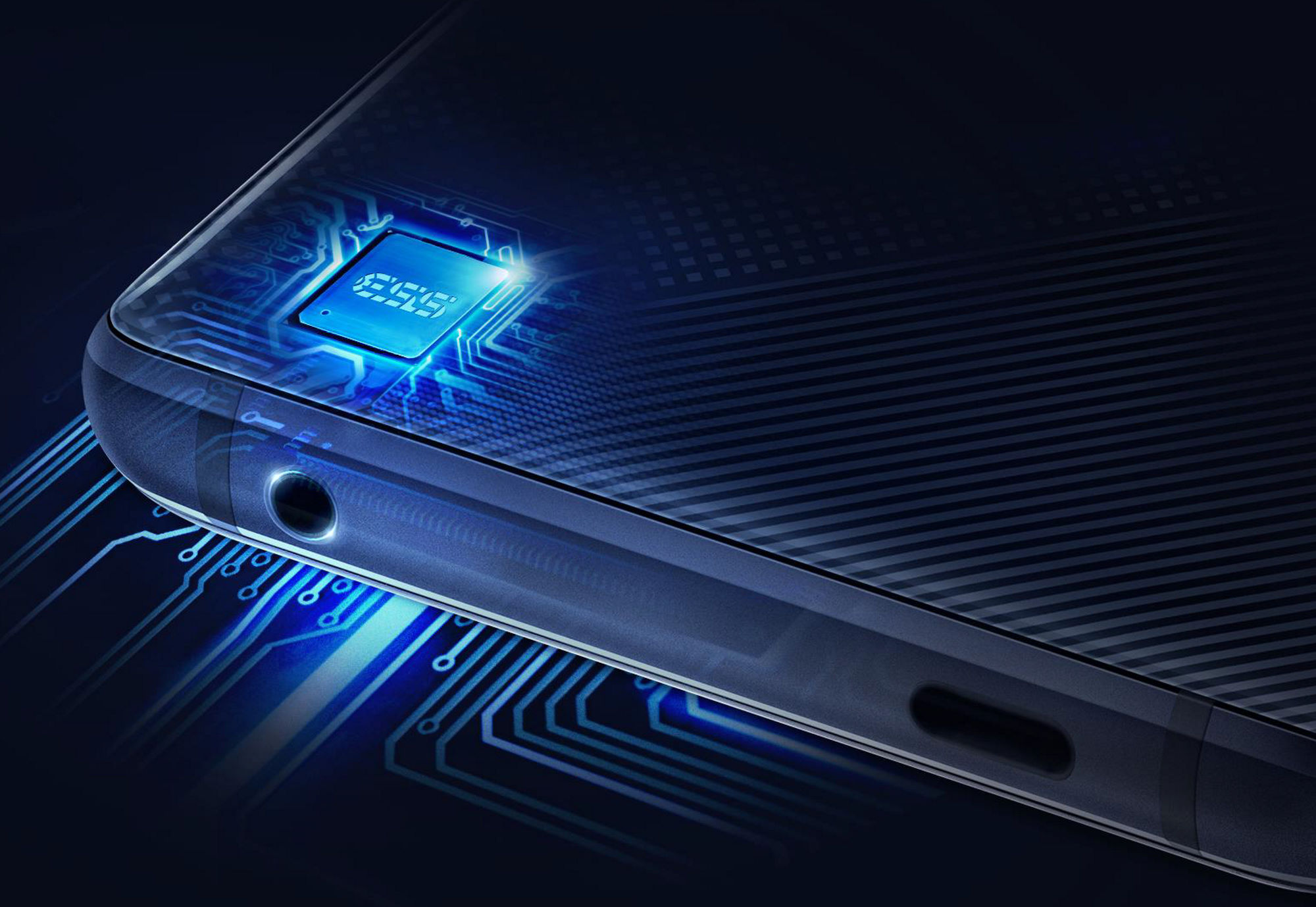 X-Ray view of the inside of the device, with a stylized ESS DAC for quality sound.