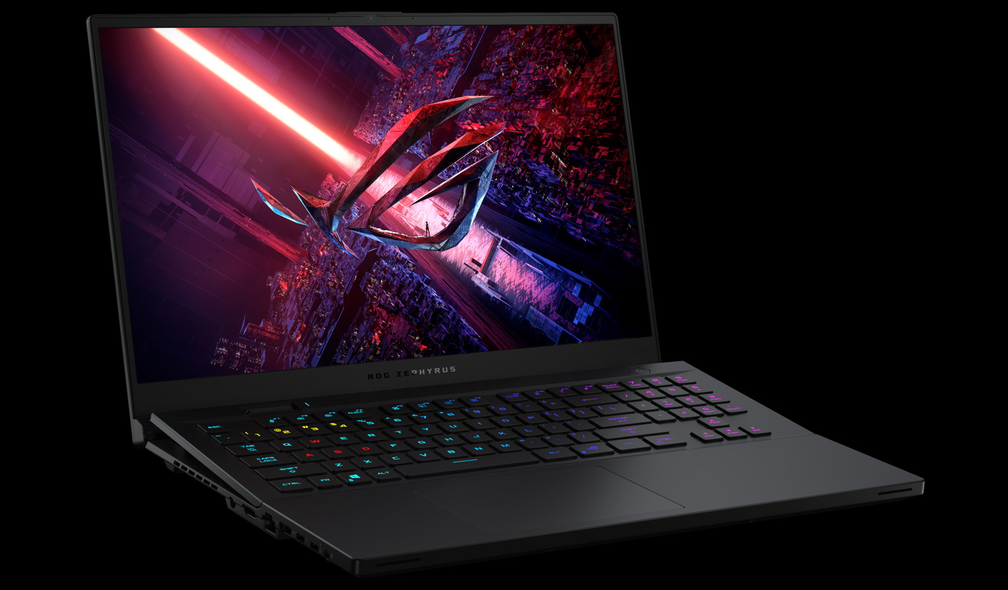 View of the S1y with the lip open and keyboard raised, with the ROG eye logo on screen.