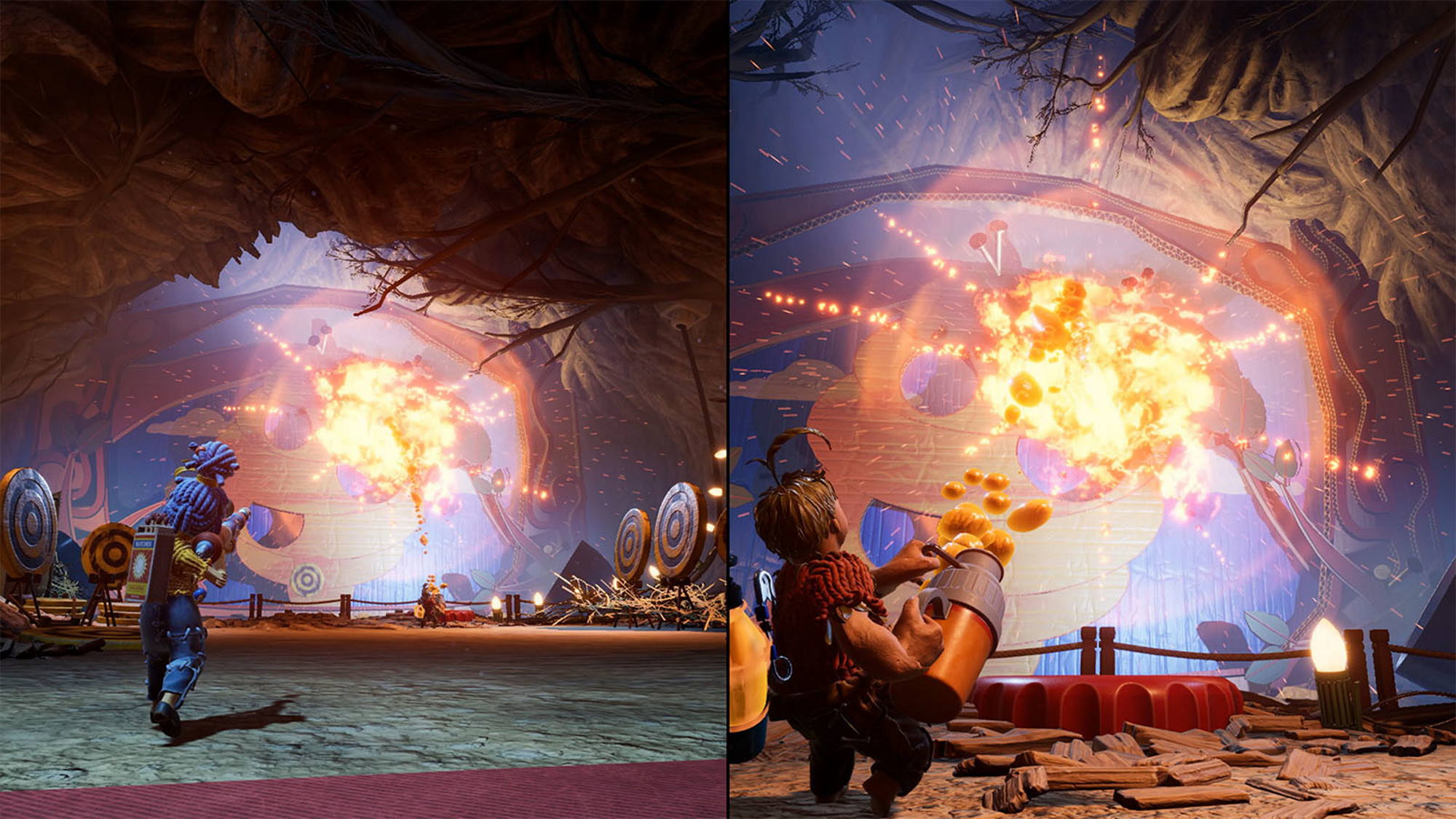 Side by side view of the two characters perspectives, with explosions in the background.
