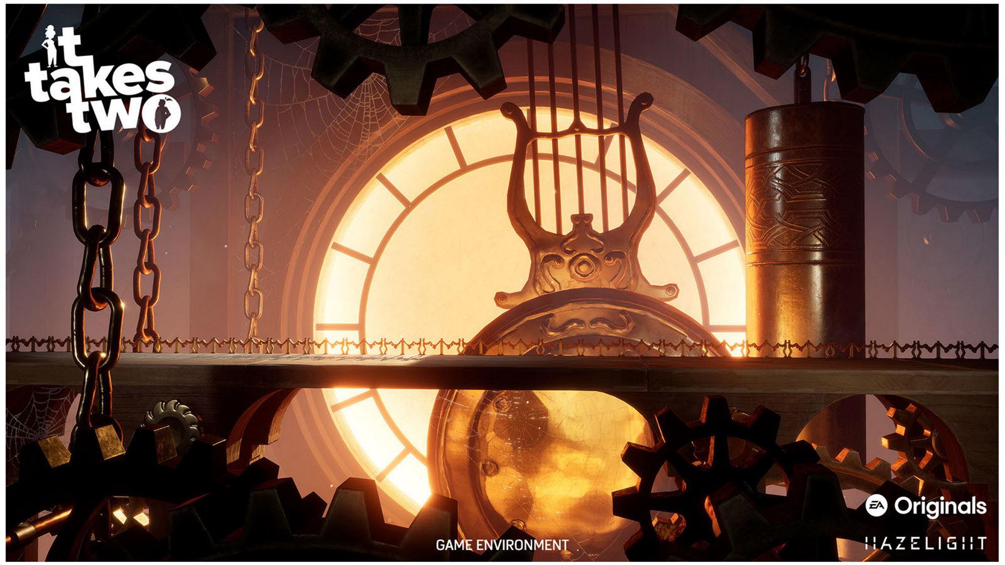 Stylized gears and a bridge, with a golden hue.