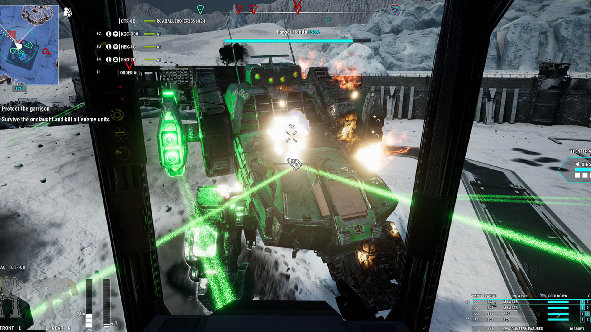 View from inside the cockpit of a Mech, firing on an enemy.
