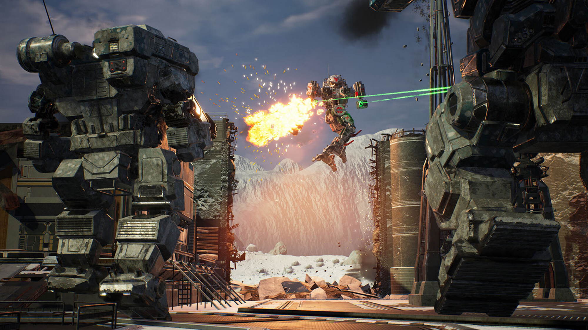 Airborne Mech in the distance firing at two Mechs in the foreground.