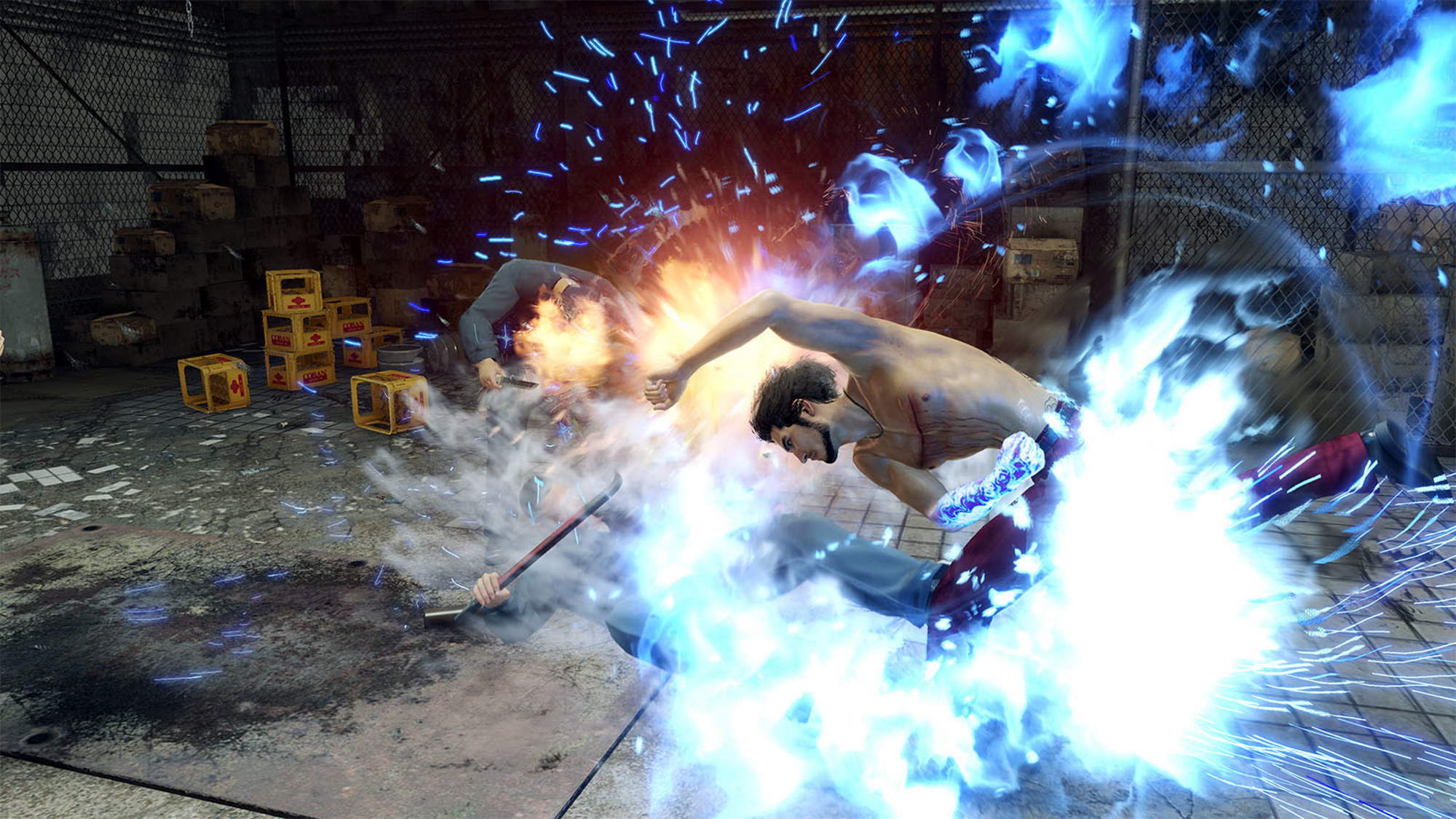 Ichiban surrounded by blue flames, punching an enemy.