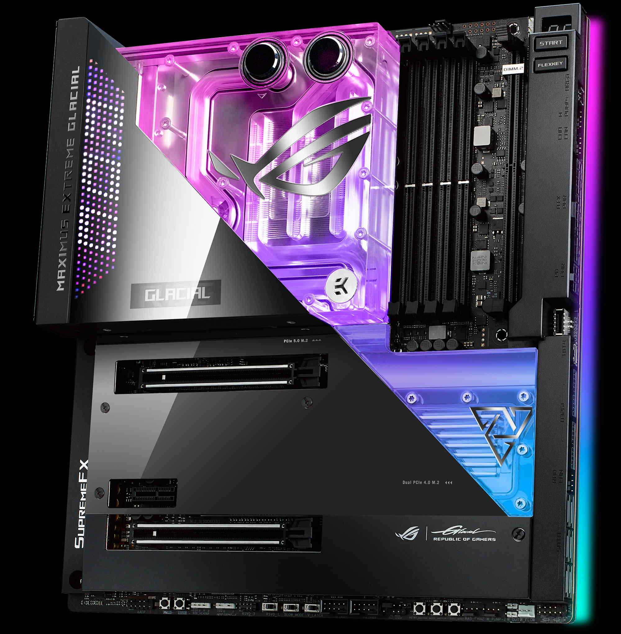 Front wide shot of the ROG Maximus Z690 Extreme Glacial.