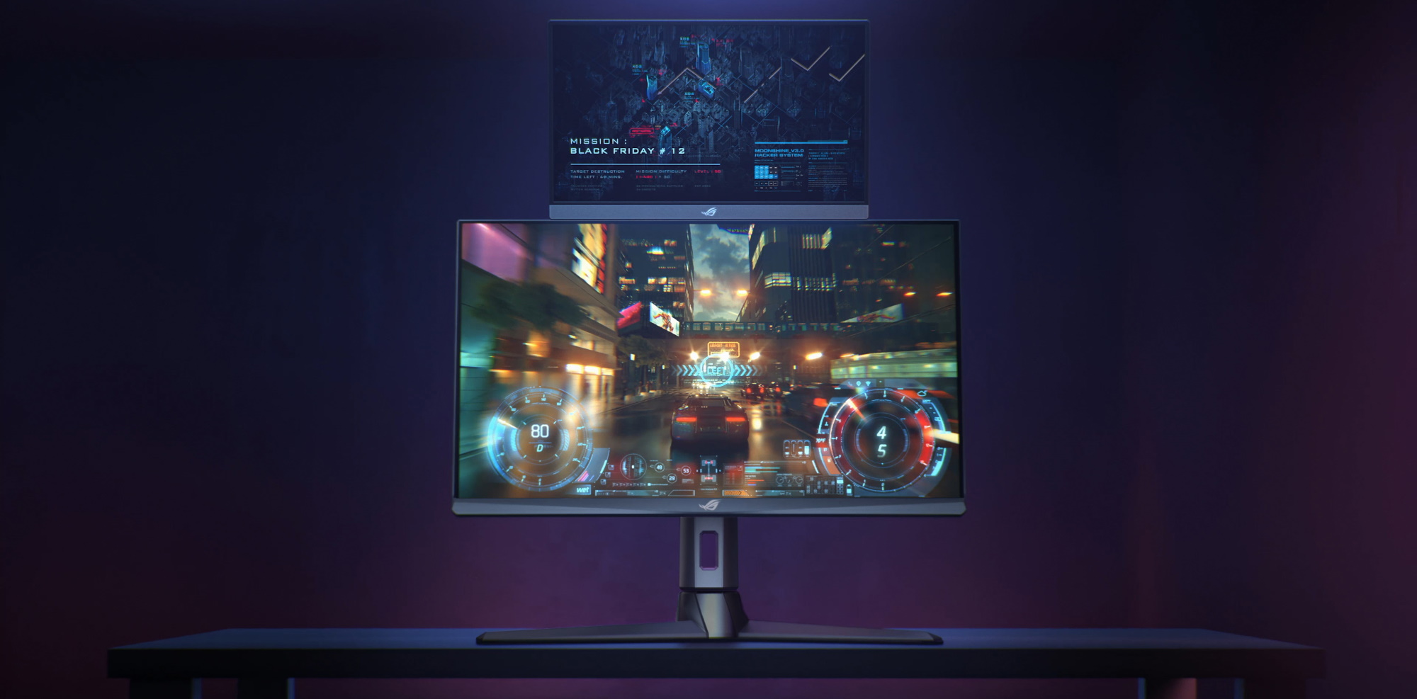 ROG gaming monitor, with second mobile ROG monitor attached above it.