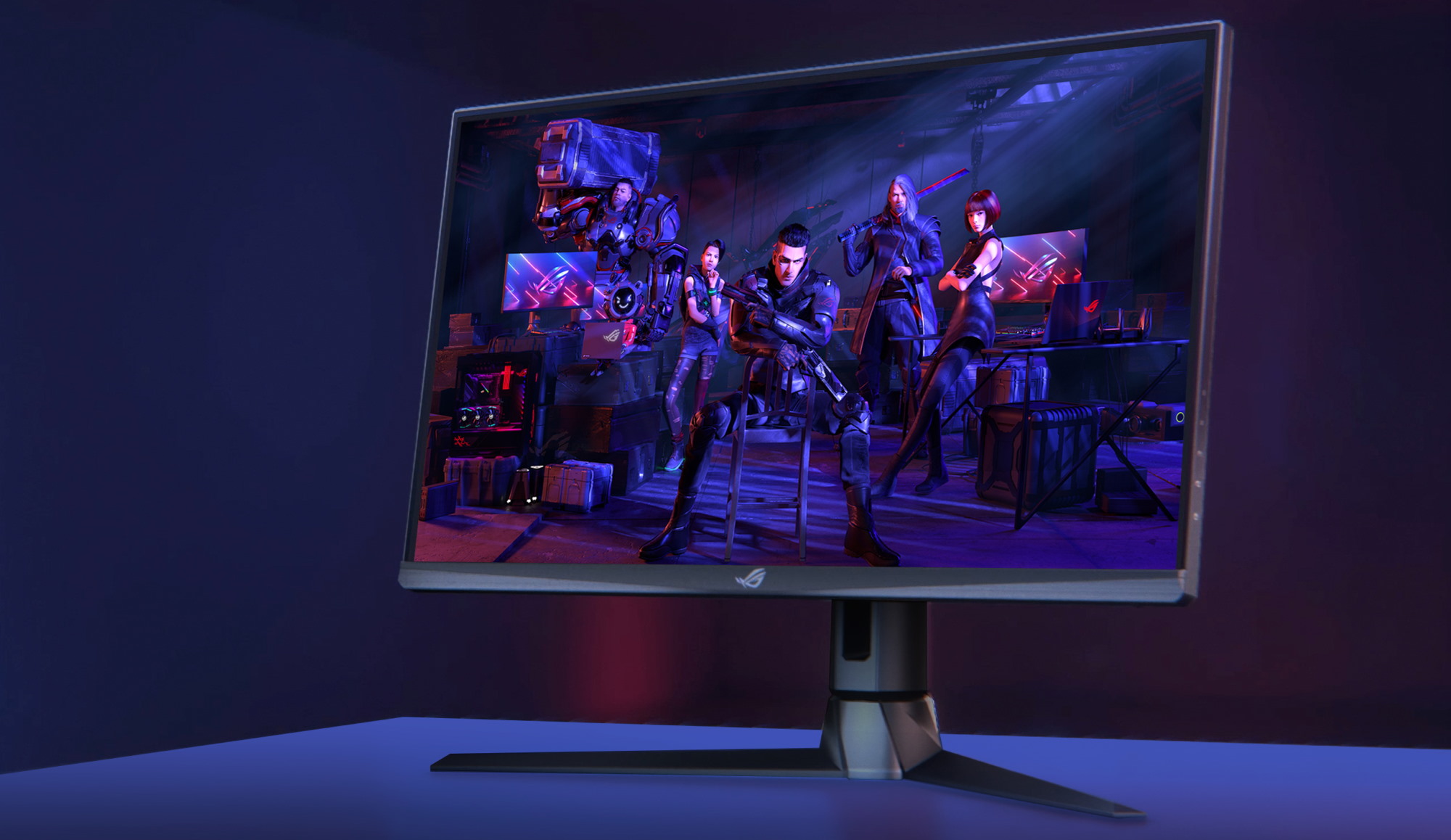 Render of the XG276Q on a table, with ROG SAGA characters in the frame.