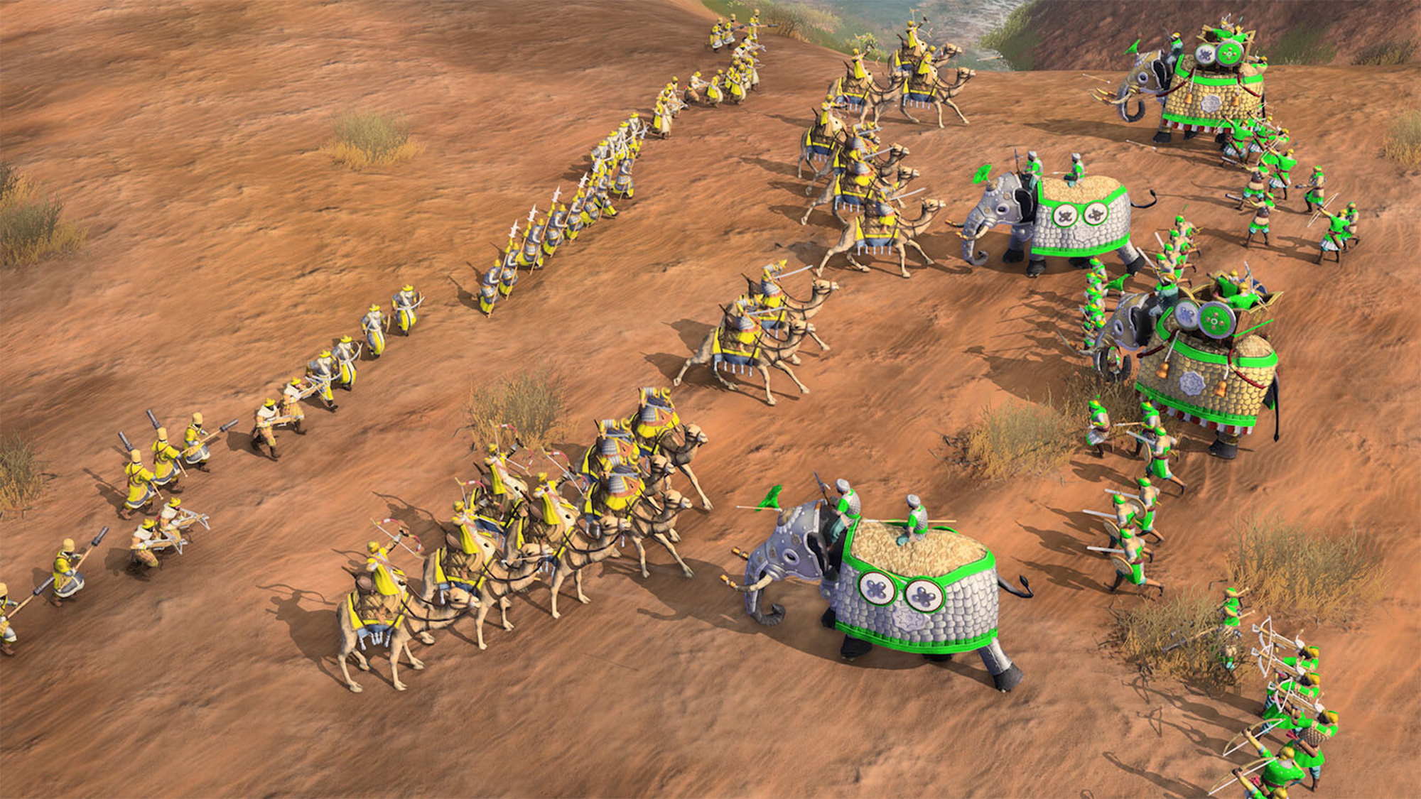 An army mounted on elephants clashes with an enemy on camels.