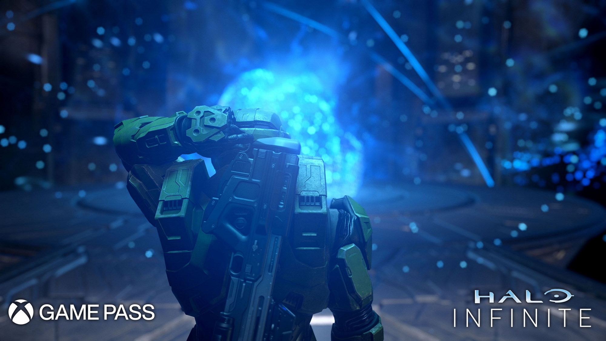 Master Chief removing the Weapon from her access point, in a holographic chamber.