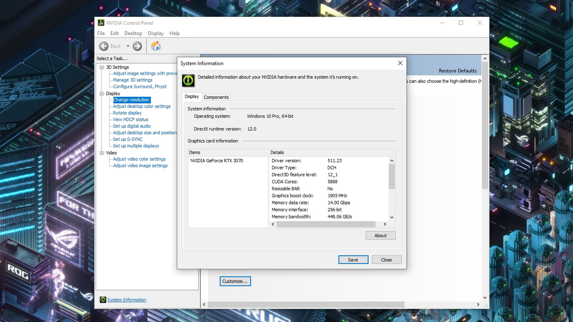 Screenshot of the system information tab in Nvidia Control Panel.