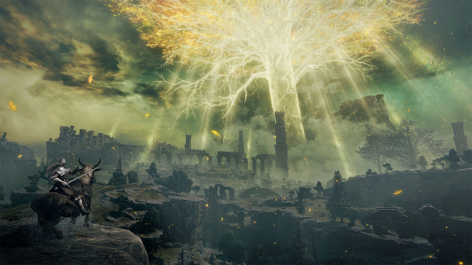 Am image of a knight on horseback, surrounded by fantastical ruins and a large glowing tree.