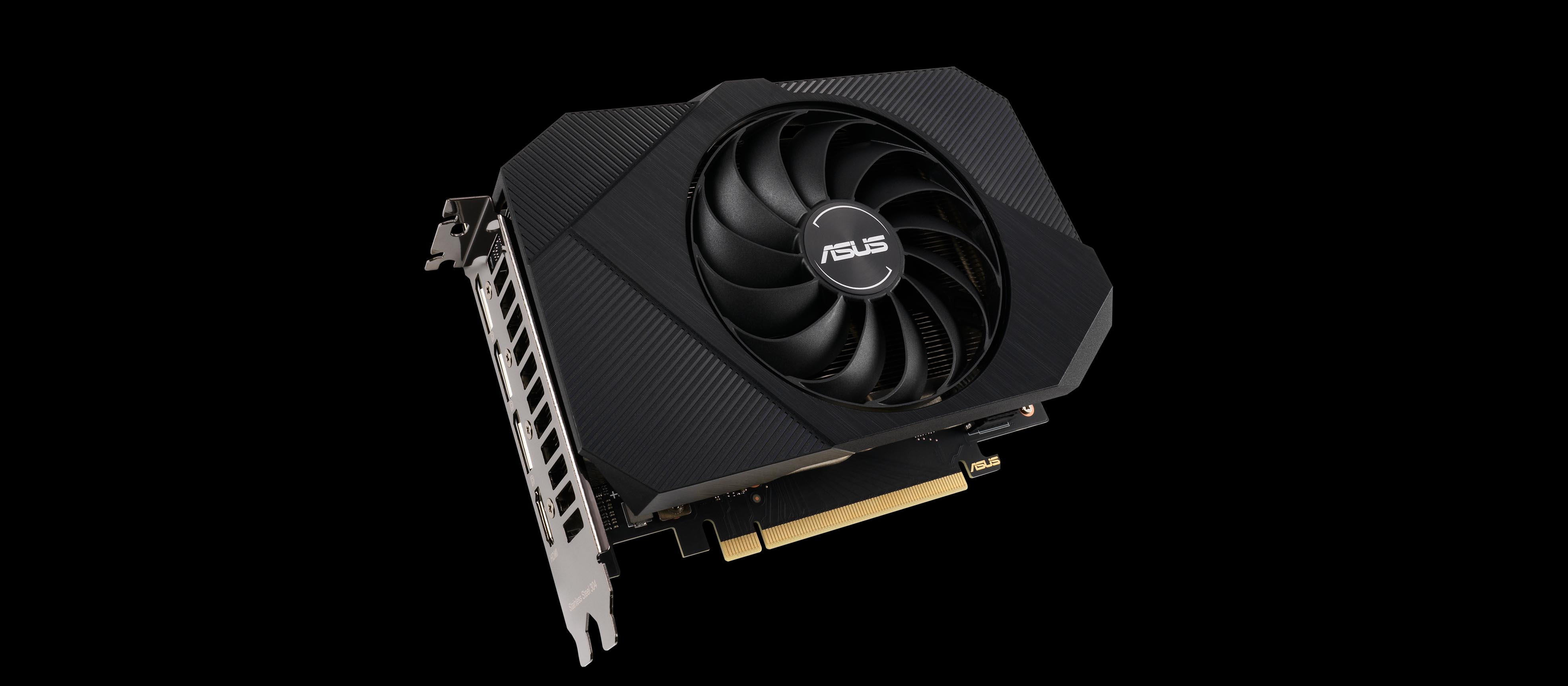 An image of a single-fan ASUS Phoenix RTX 3060 graphics card on a black background.