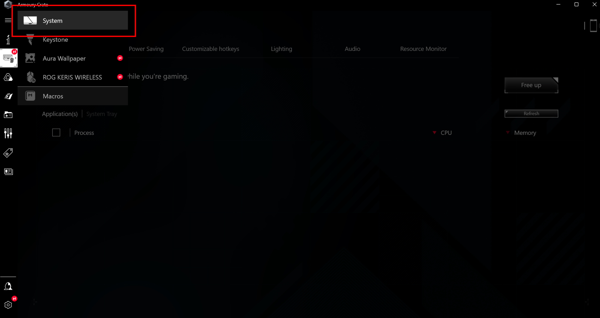 Screenshot of the Devices and Systems tab in Armoury Crate.