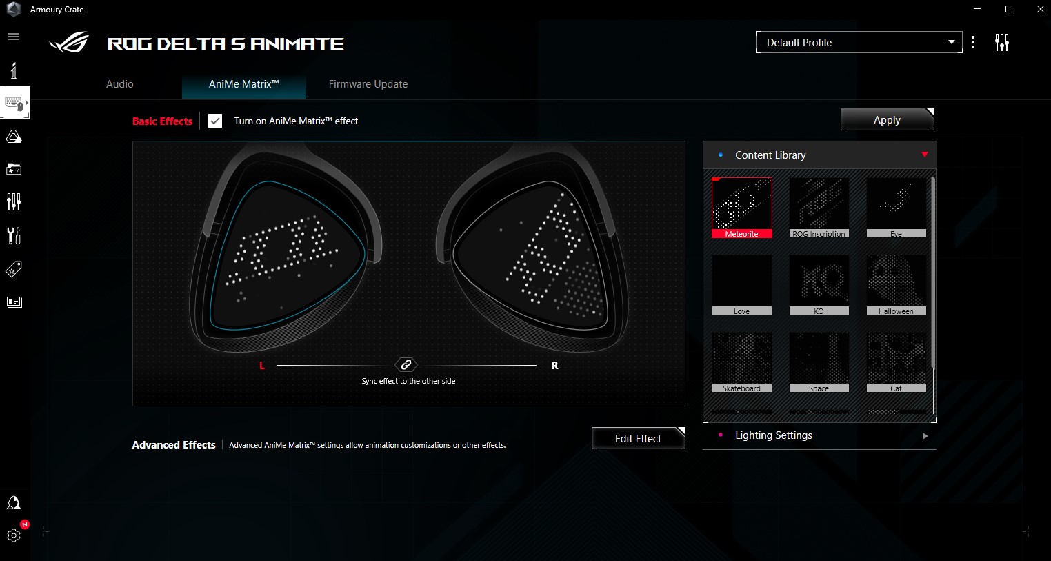 A screenshot of the Amoury Crate software showing how to add animations to the AniMe Matrix™ on a Delta S Animate headset.