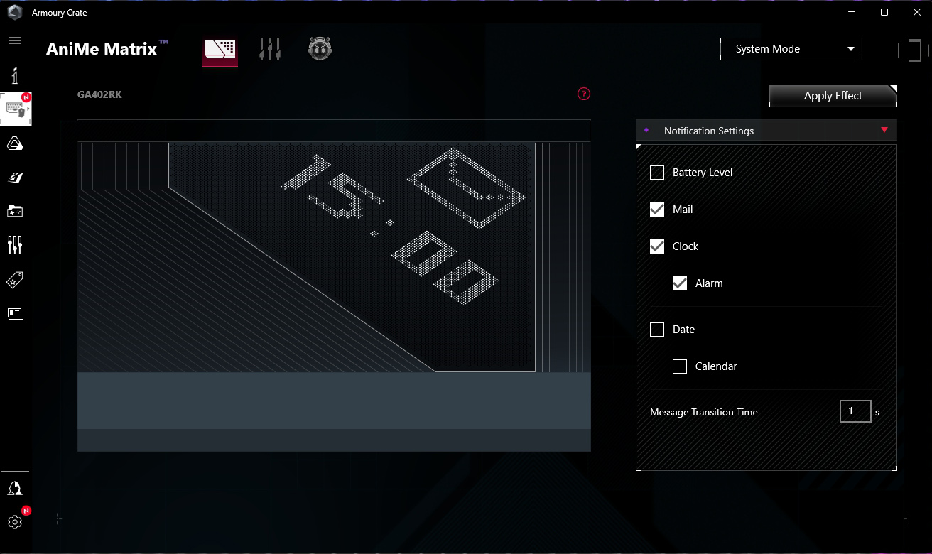 A screenshot of the Amoury Crate software showing how to add system info and notifications to the AniMe Matrix™.