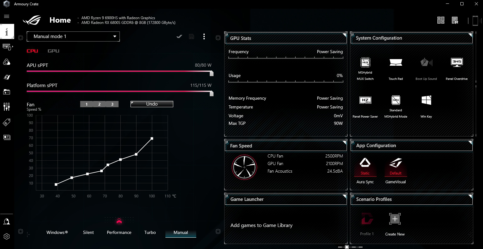 A screenshot of the Armoury Crate software with Manual mode enabled.