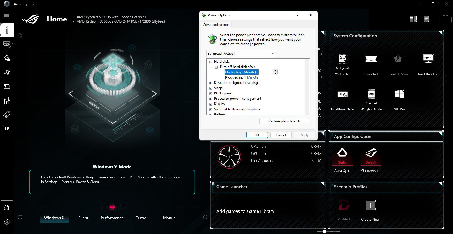 A screenshot of the Armoury Crate software with Windows mode enabled.