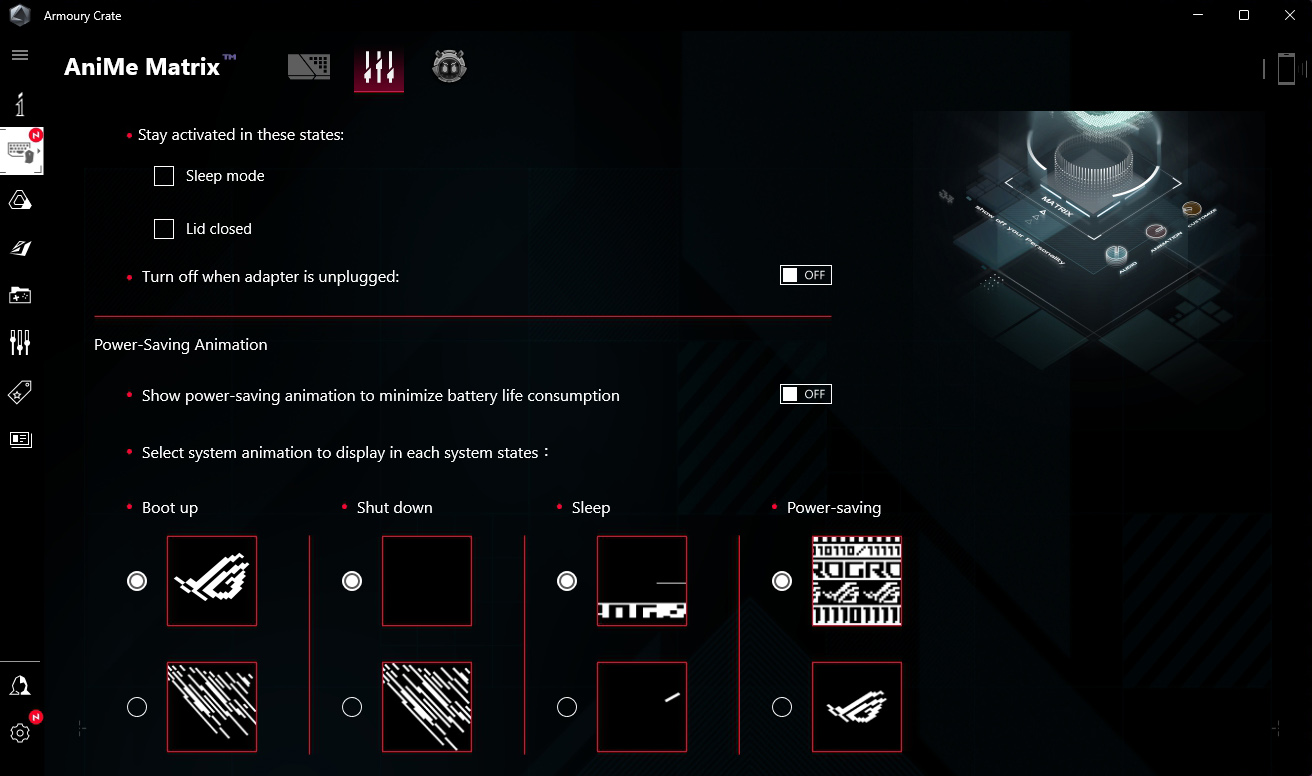 Ein Screenshot der Amoury Crate Software zeigt, wie du die verschiedenen Optionen der AniMe Matrix™ einstellen kannst