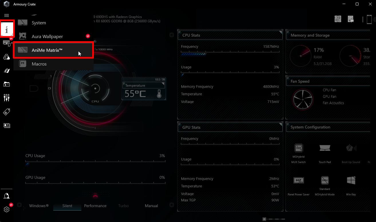 Ein Screenshot der Amoury Crate Software zeigt, wie man Geräte zum Individualisieren auswählt.