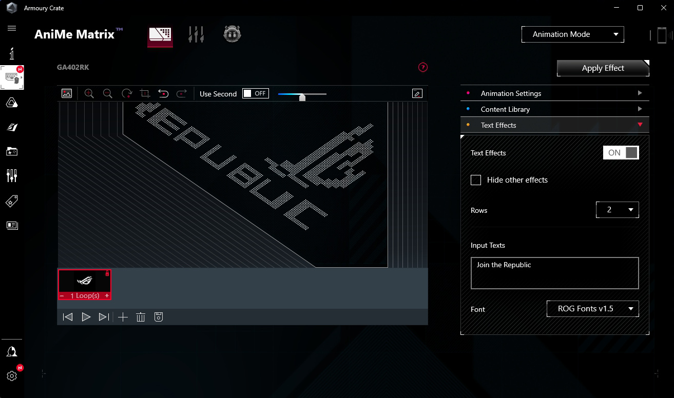 Ein Screenshot der Amoury Crate Software, der zeigt, wie man Texteffekte zur AniMe Matrix™ hinzufügt.