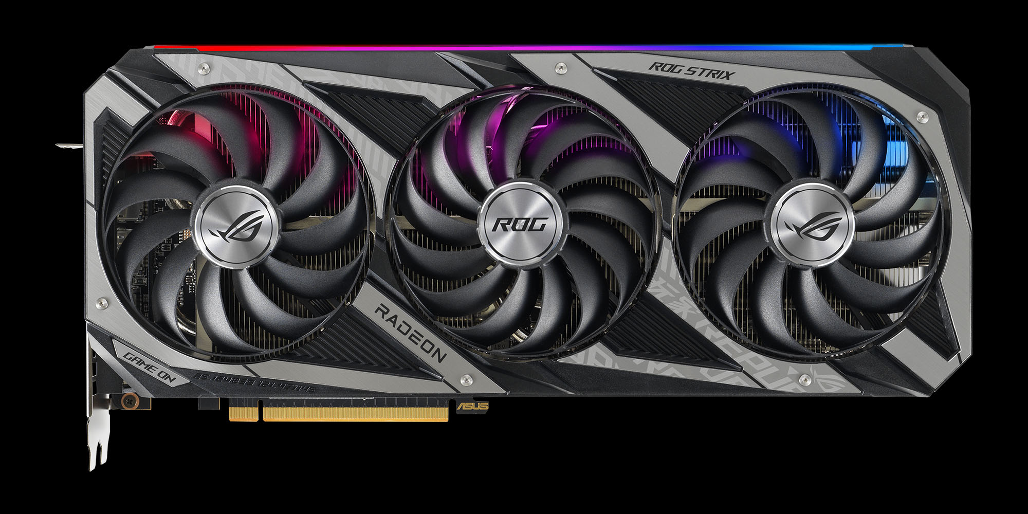 Ein Bild der ROG Strix Radeon RX 6750 XT Grafikkarte auf einem schwarzen Hintergrund.