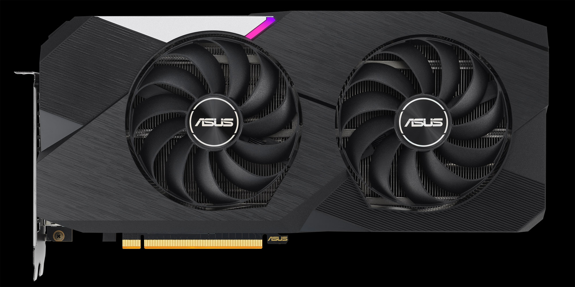 Ein Bild der ASUS Dual Radeon RX 6750 XT Grafikkarte auf einem schwarzen Hintergrund.
