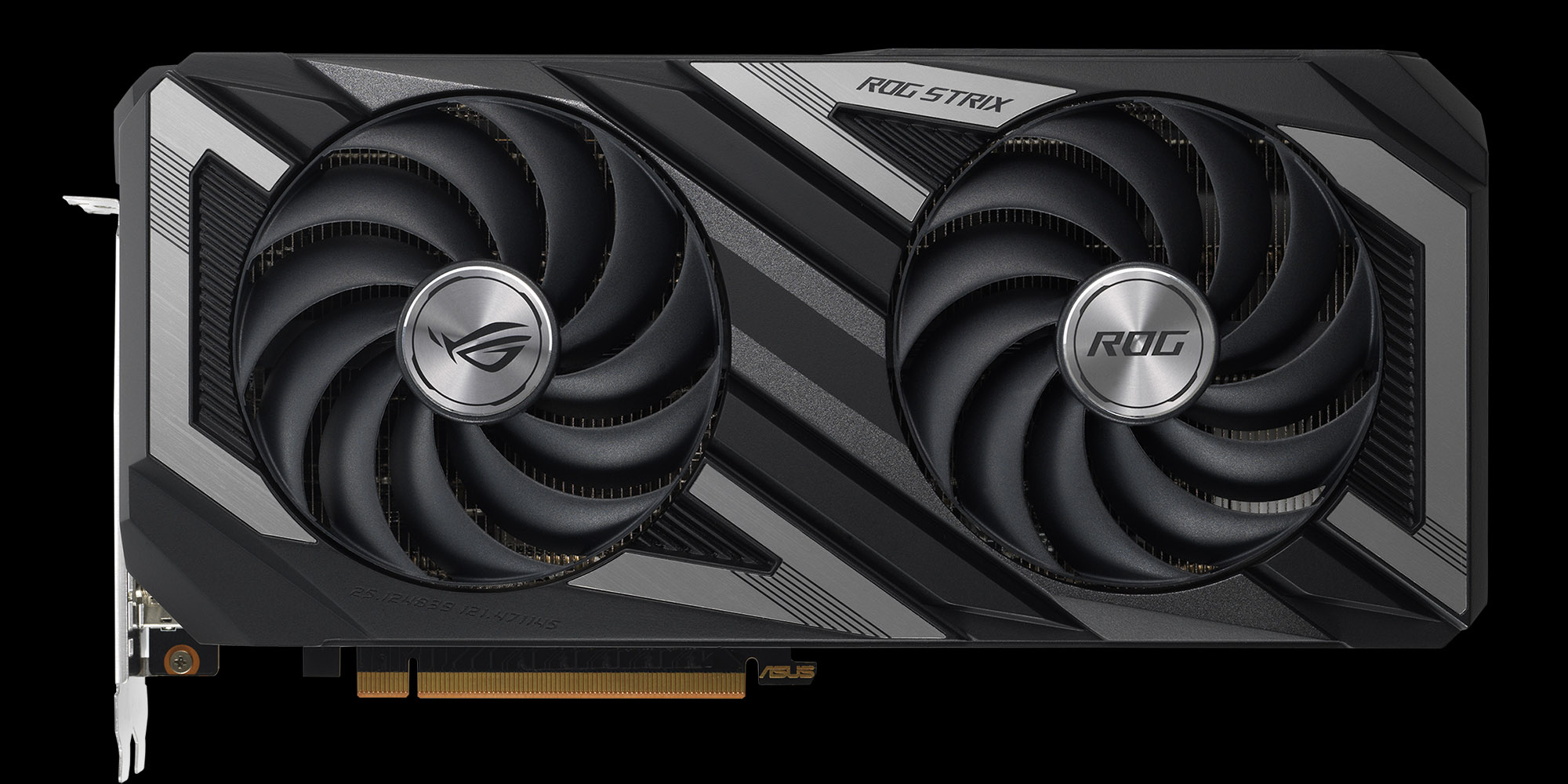Ein Bild der ROG Strix Radeon RX 6650 XT Grafikkarte auf schwarzem Hintergrund.