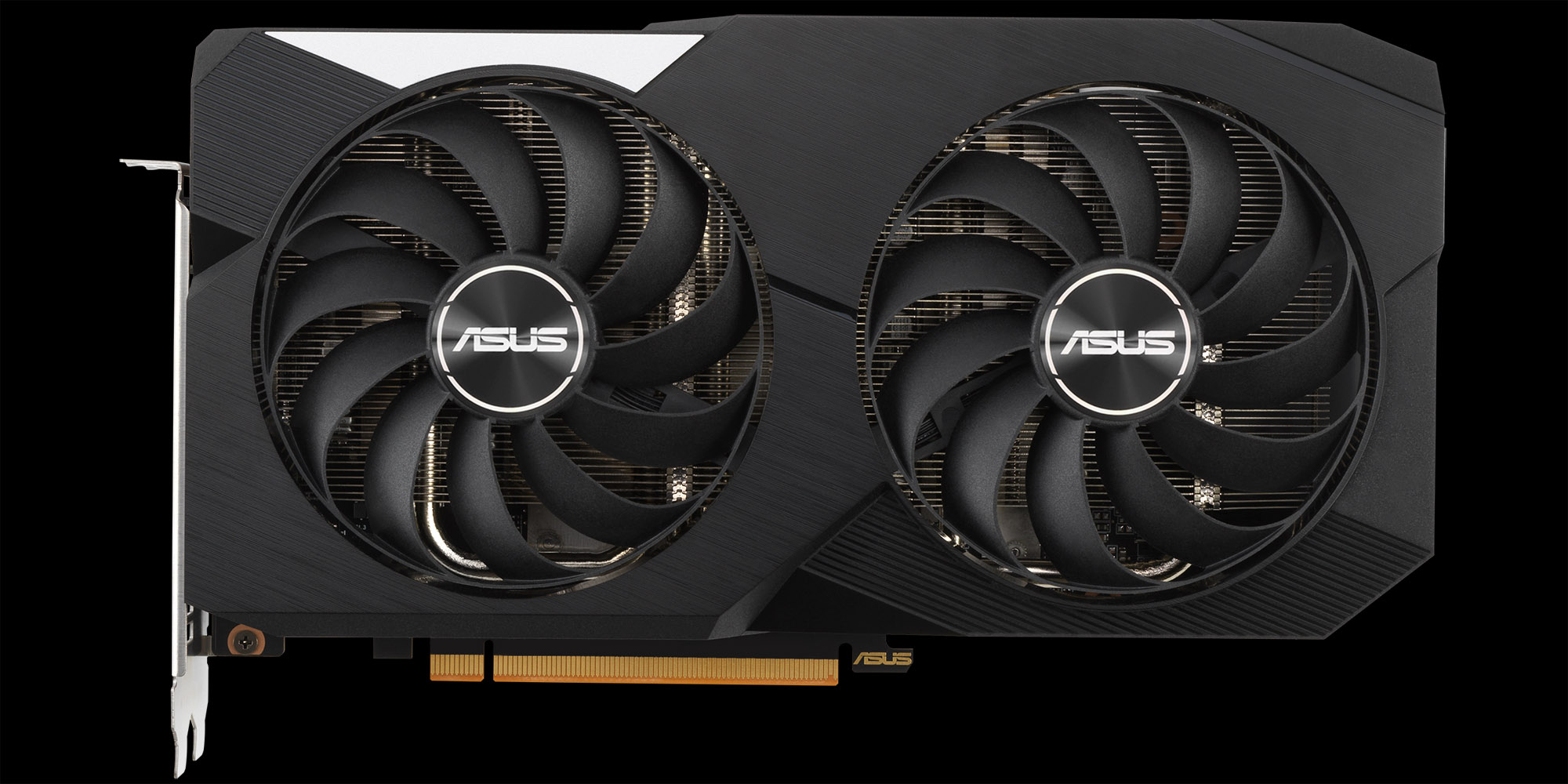 Ein Bild der ASUS Dual Radeon RX 6650 XT Grafikkarte auf einem schwarzen Hintergrund.