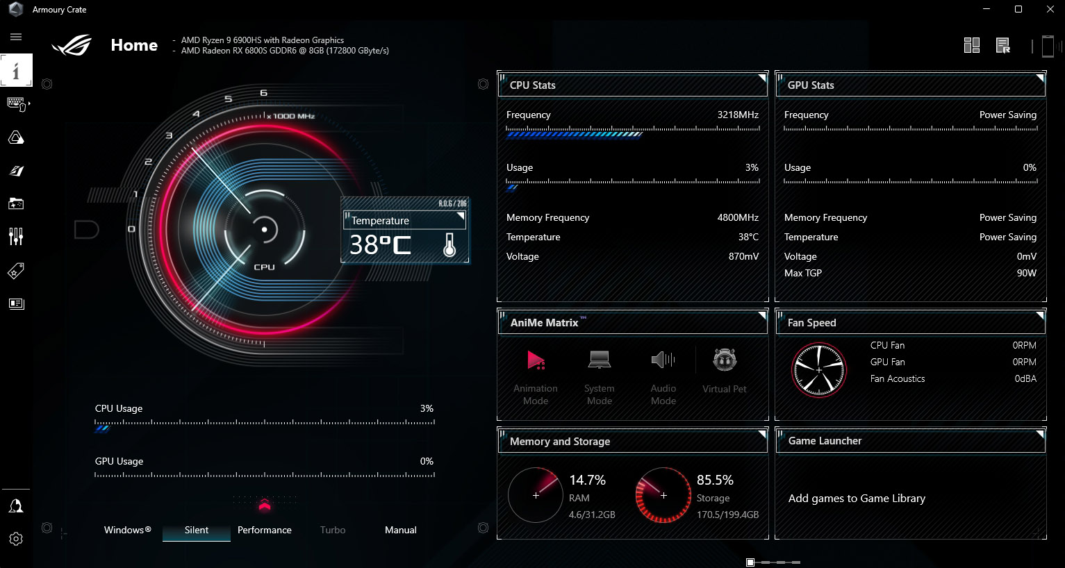 A screenshot of the Armoury Crate software, showing the current CPU and RAM configuration.