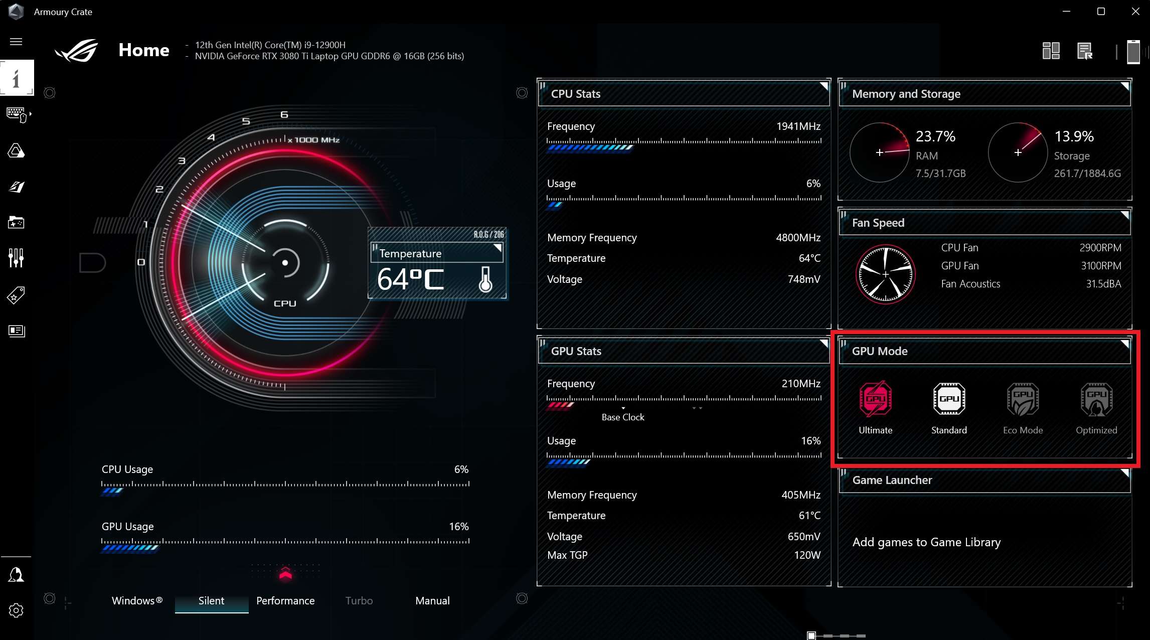 A screenshot of the Armoury Crate software, with the GPU Mode section of options highlighted.
