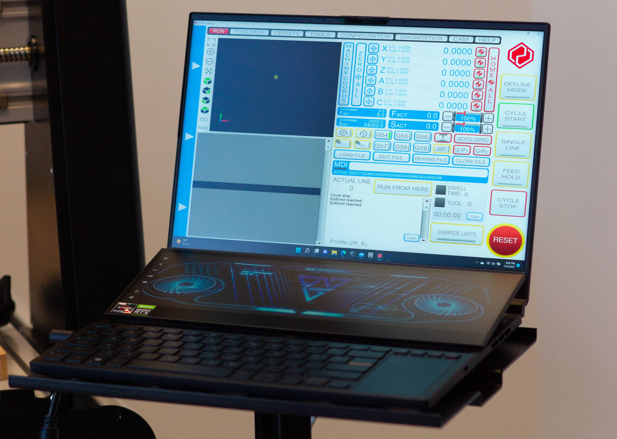 The ROG Zephyrus Duo 16 connected to the i2R CNC machine and its control software