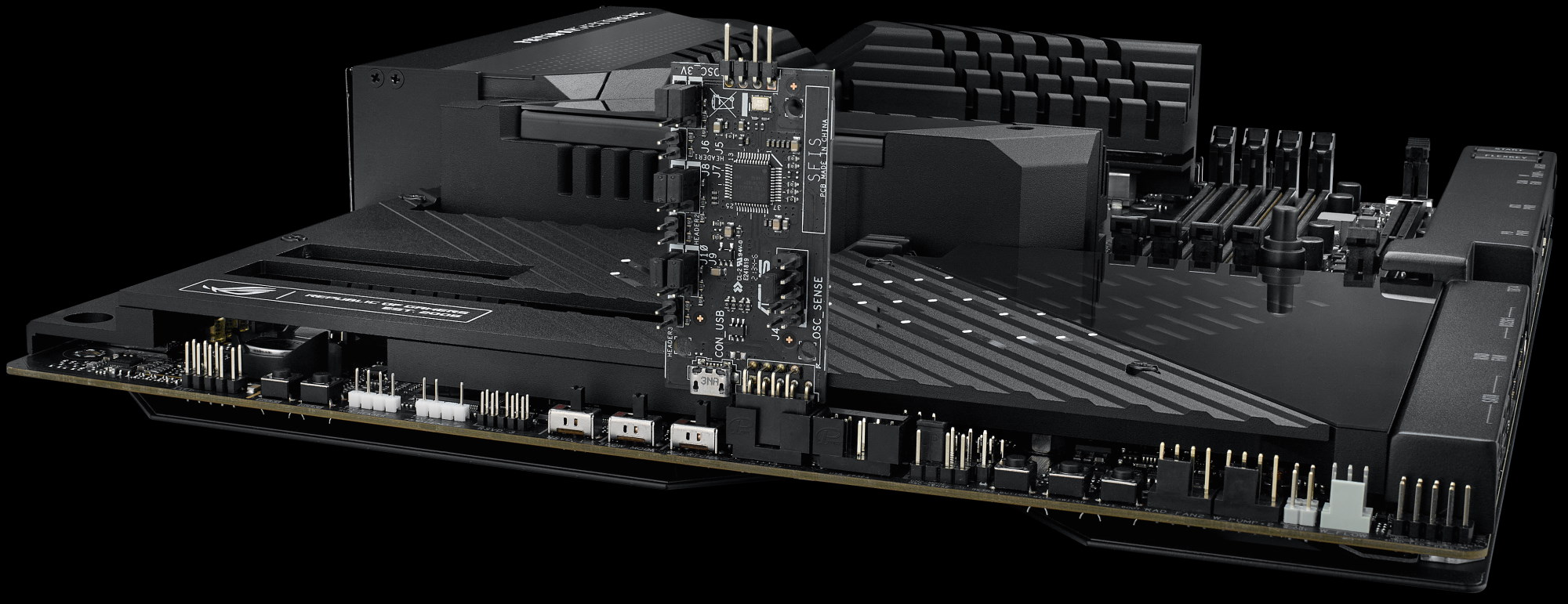The ROG Maximus Z790 Extreme motherboard with the ROG True Voltician oscilloscope tool installed