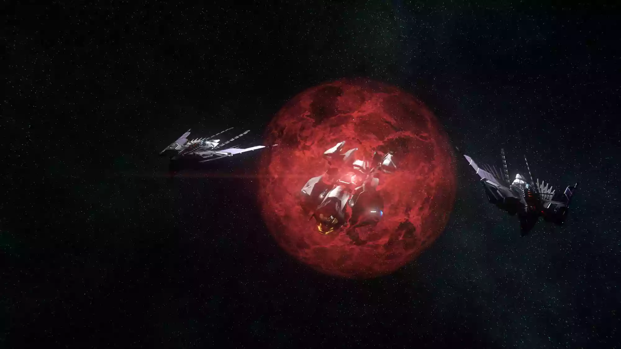 A Mantis and two Talons prepared to quantum intercept a target.