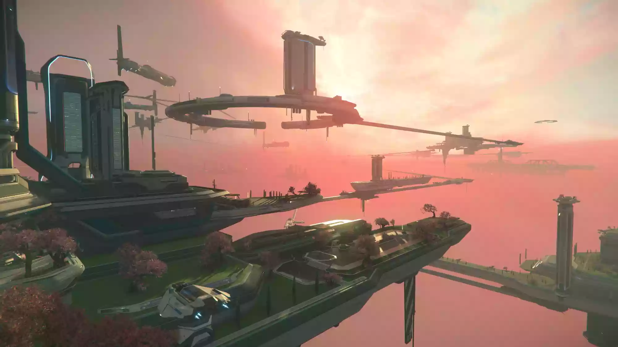 Sunset view of the city Orison on the gas giant Crusader.