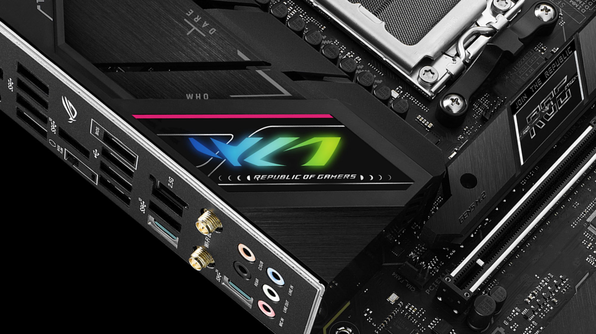 Illuminated I/O shield on the ROG Strix B650E-F Gaming WiFi motherboard