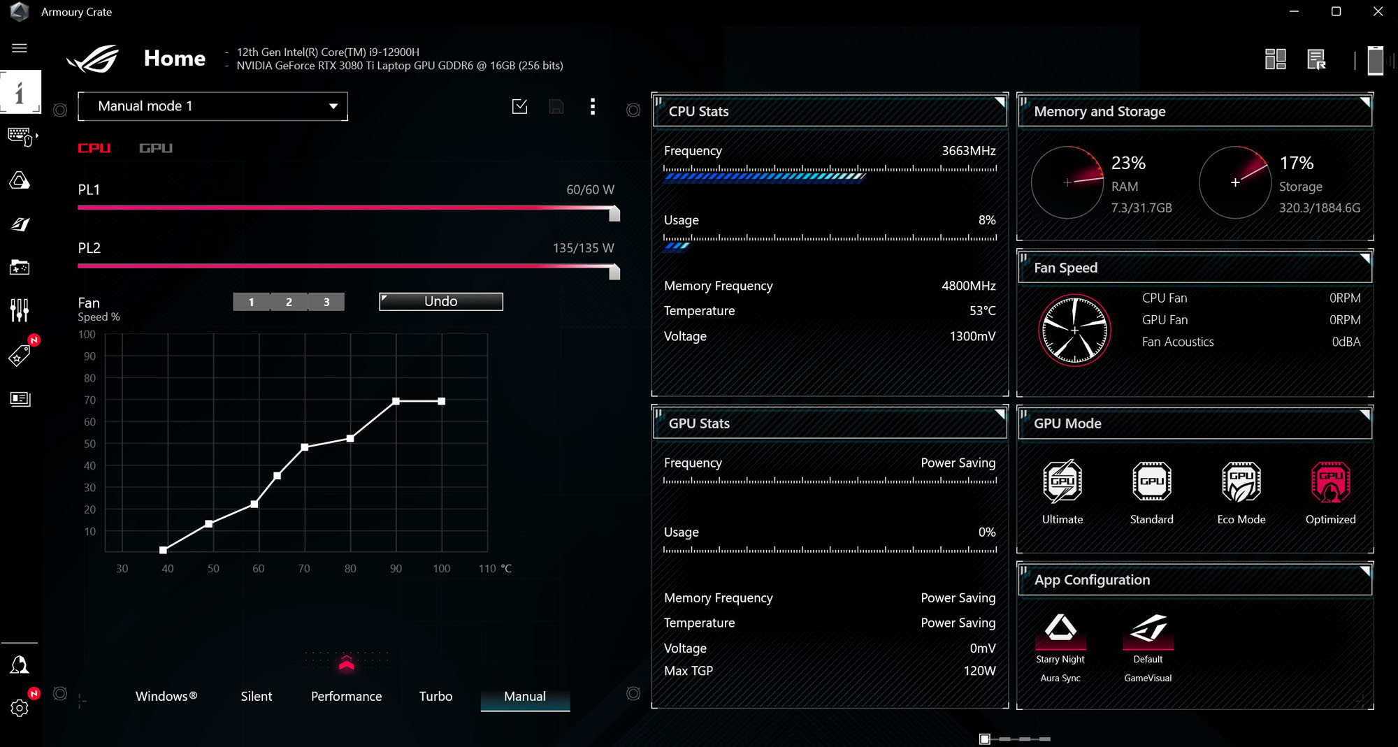 A screenshot of Armoury Crate's manual mode, showing CPU power sliders.