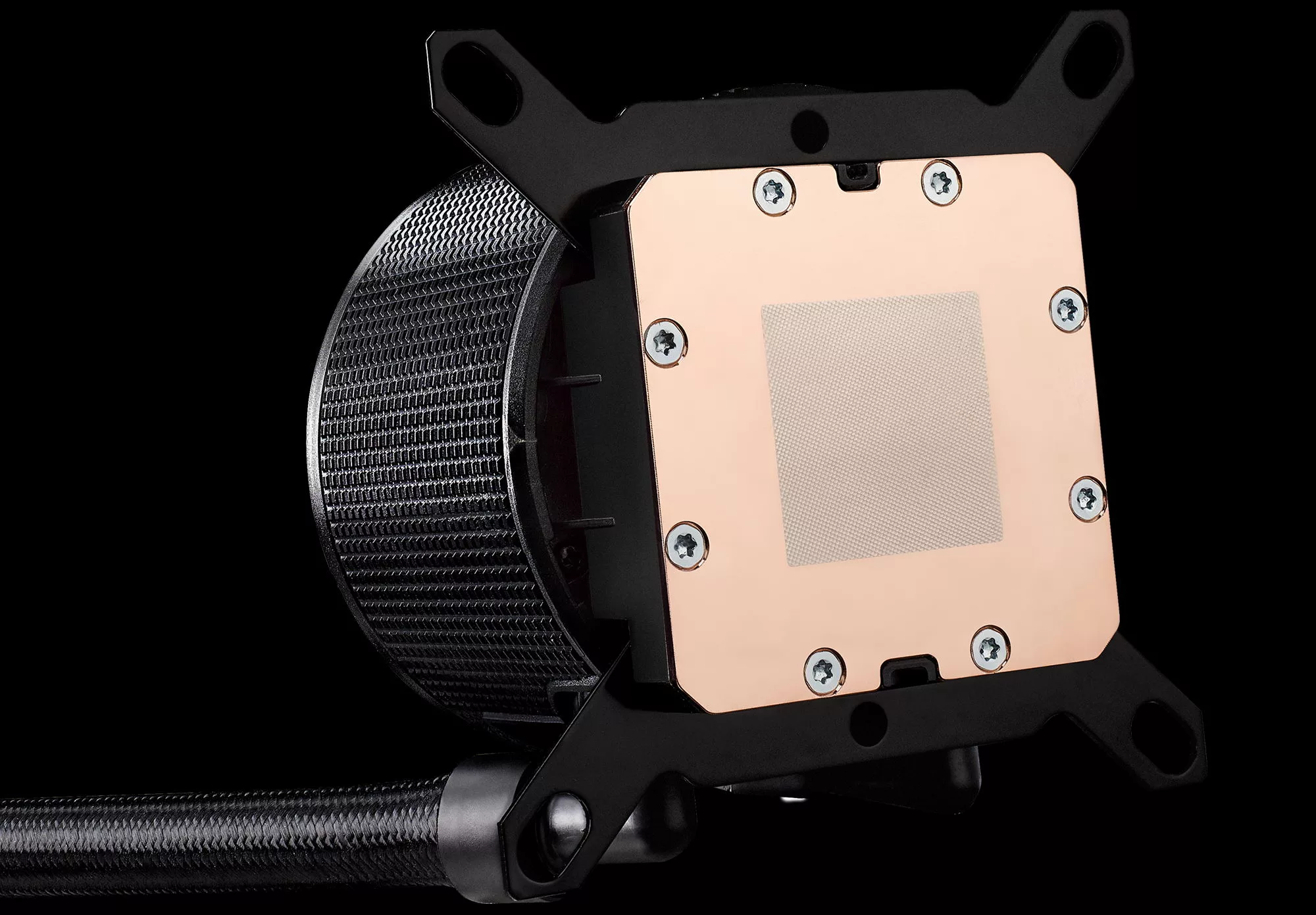 View of the square coldplate on the bottom of the pump housing for the ROG Ryuo III 240 360 ARGB