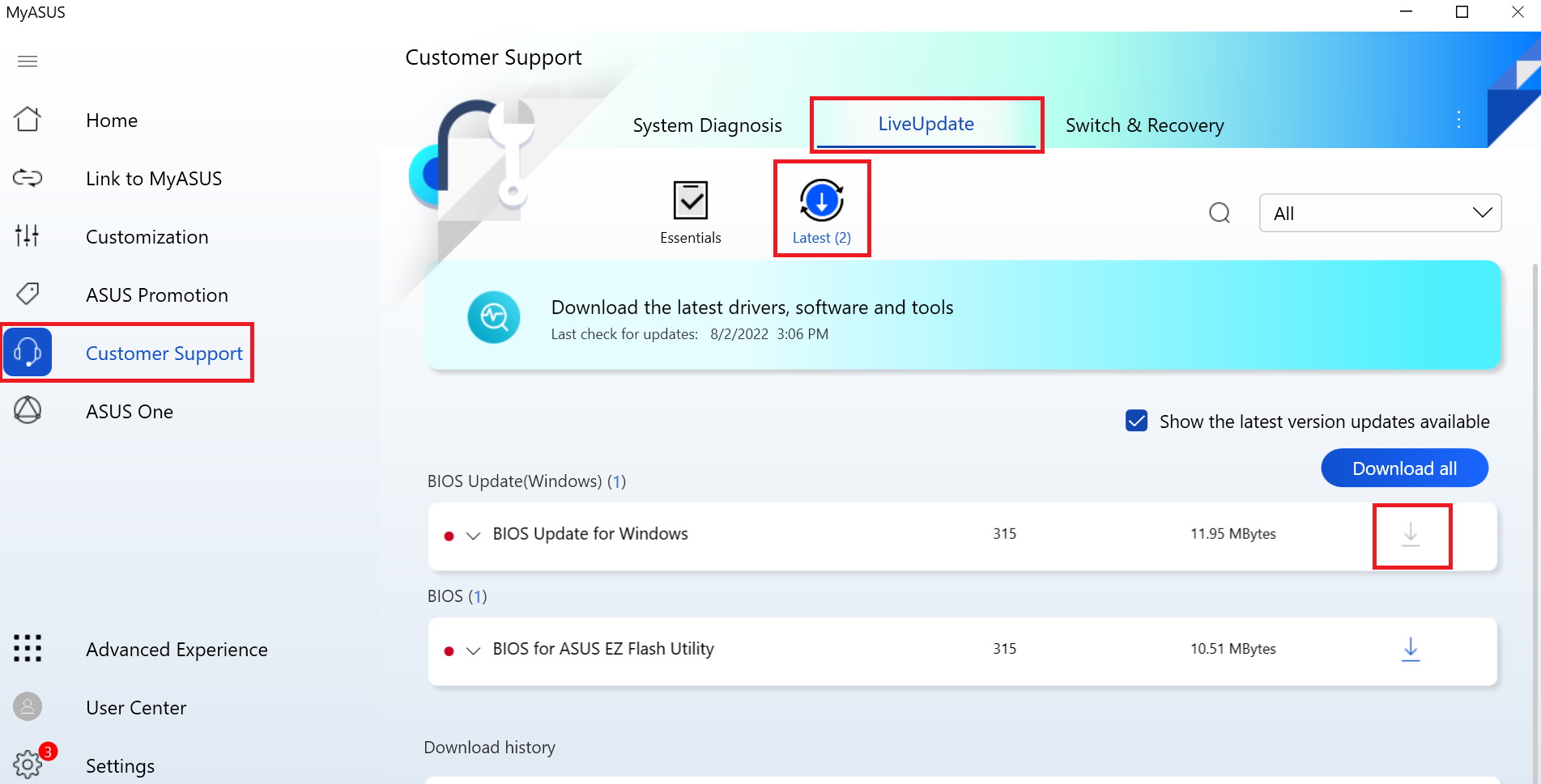 Screenshot of MyASUS, with emphasis on the customer support tab.