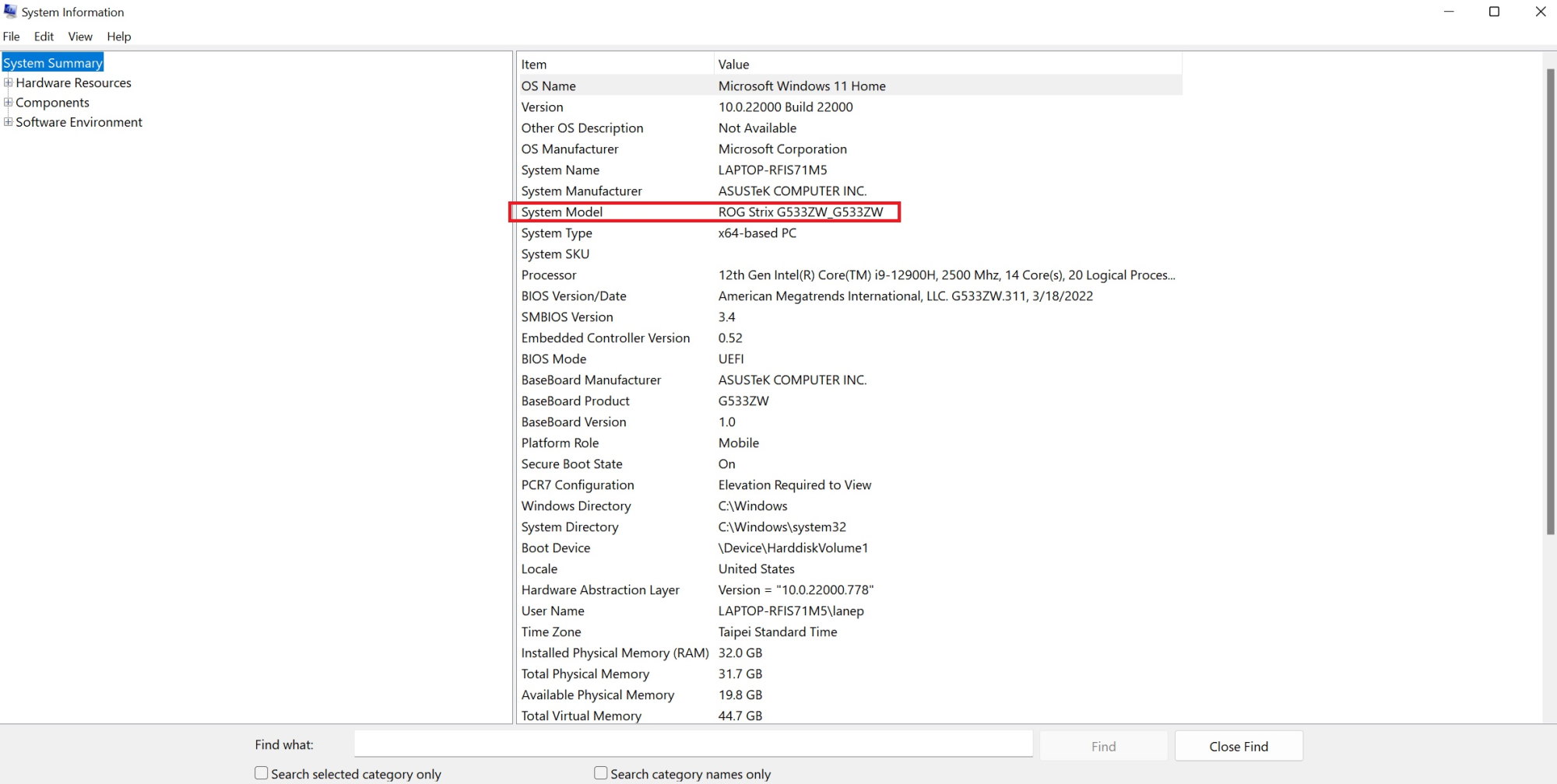 Screenshot of the System Info app, used to find the model number of the device quickly.