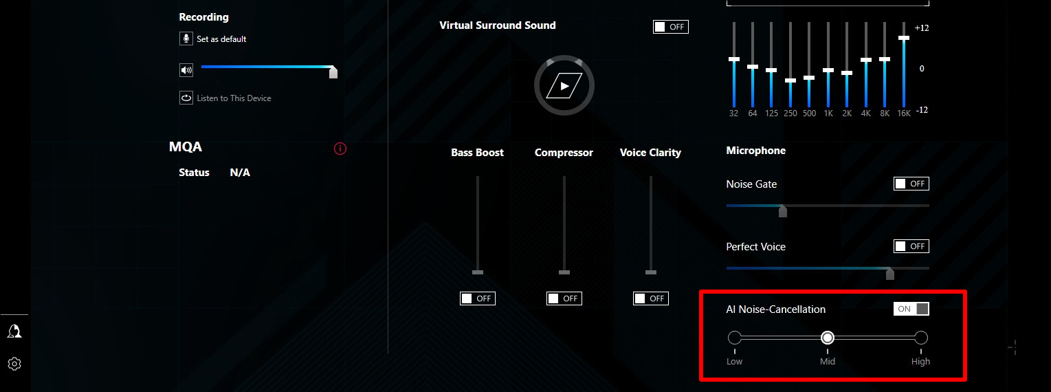 A screenshot of the Armoury Crate software with the AI Noise Cancelation option highlighted.