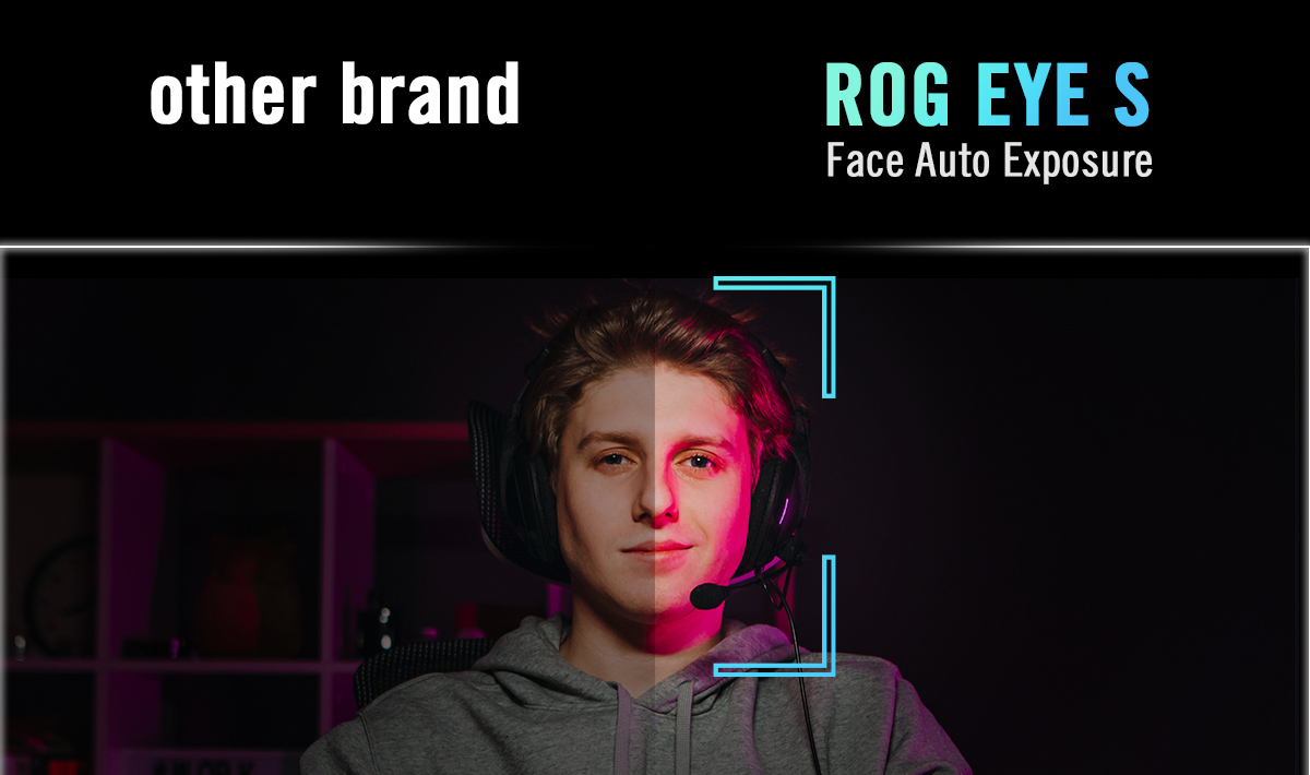 A man staring at a screen with a box around his face, with the right side's colors more vibrant and lifelike thanks to ROG's Face Auto Exposure.