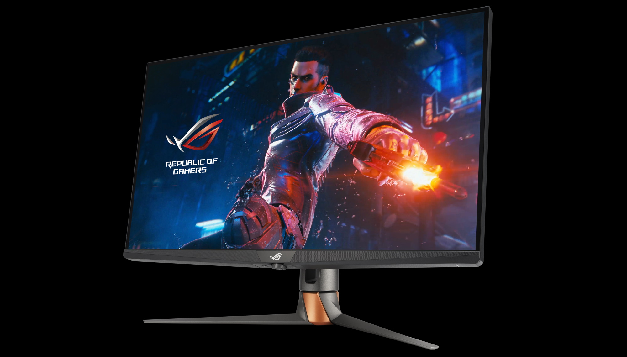 A side view of the PG32UQXR monitor on a black background.