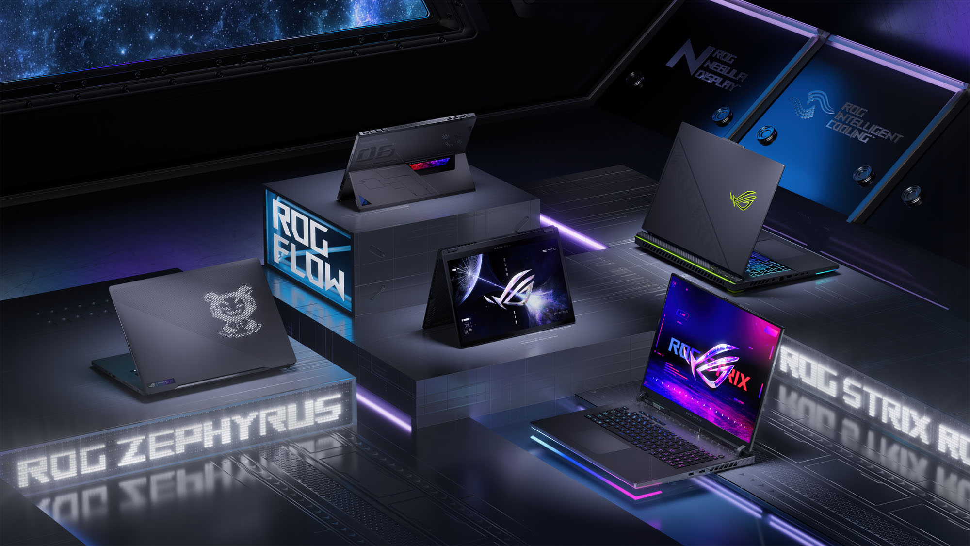 A collection of ROG laptops on metallic platforms.