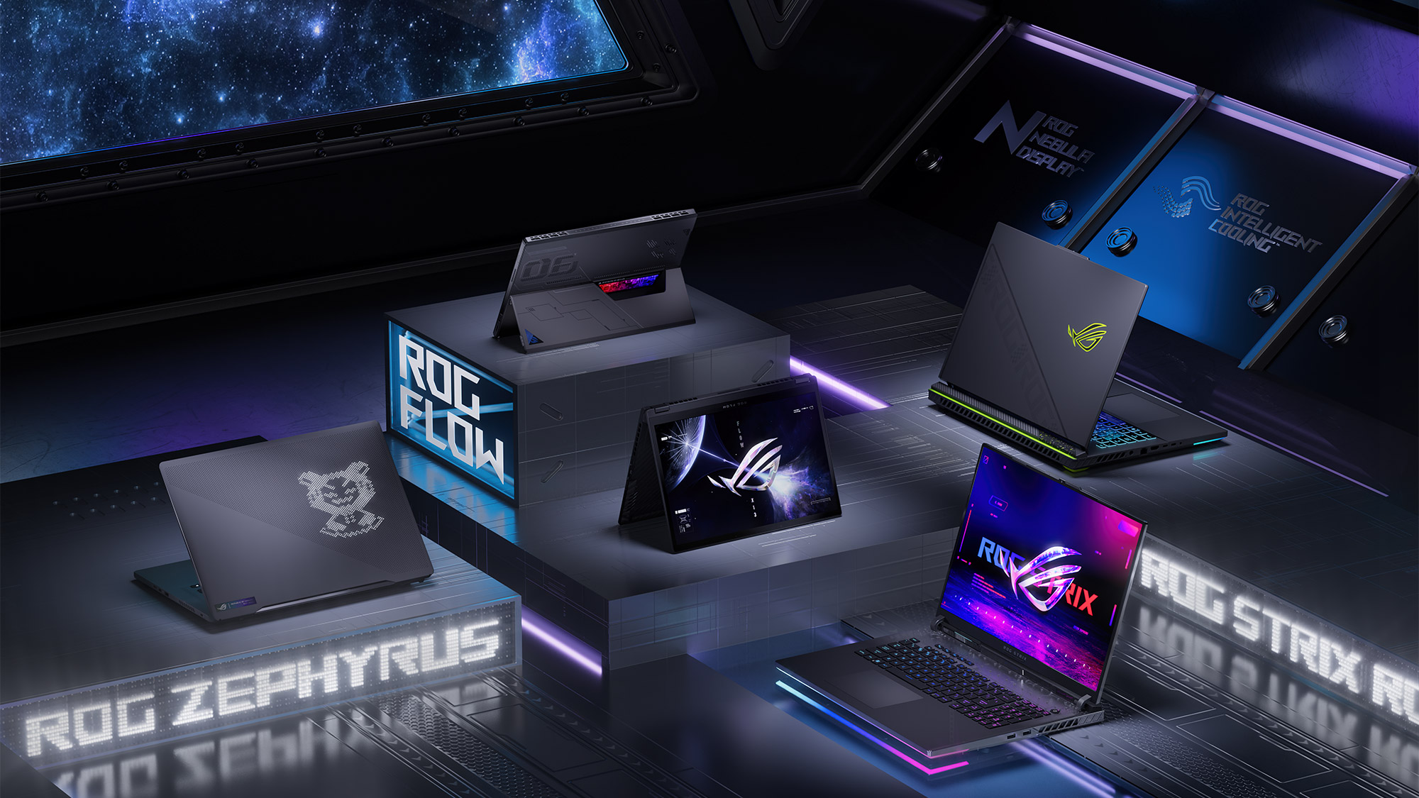 ROG family displayed in different positions and with different angles.