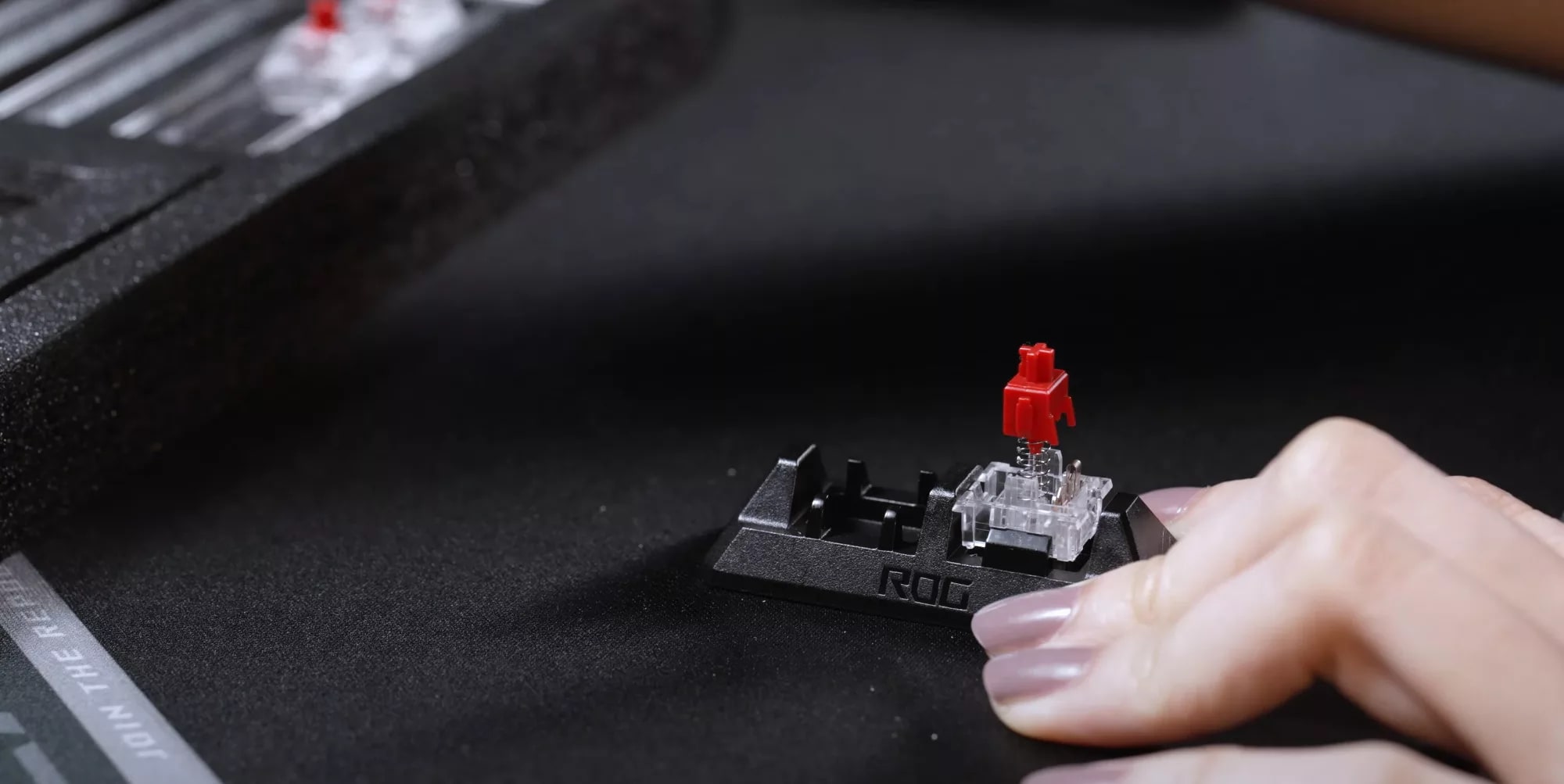Ein Tastenkappenabzieher entfernt einen roten Schalter von der ROG Azoth Tastatur.