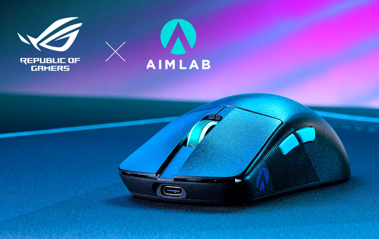 Die ROG Harpe Ace Aim Lab Edition Gaming-Maus auf dem ROG Harpe Ace Aim Lab Edition Gaming- Mauspad