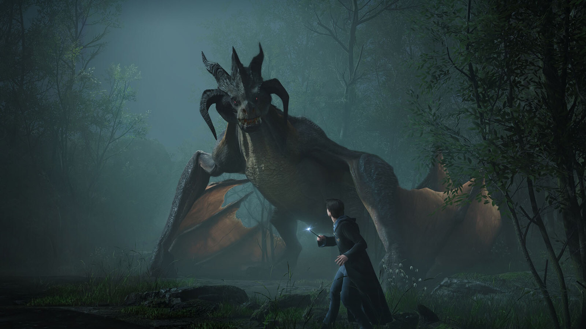 A screenshot of Hogwarts Legacy showing a dragon landed on the ground with the character in front