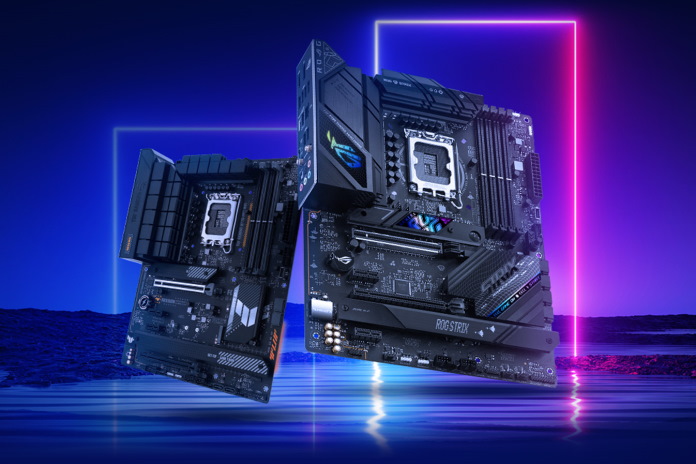 TUF Gaming und ROG Strix B760 Mainboards vor einem futuristischen Hintergrund aus Neonlichtern
